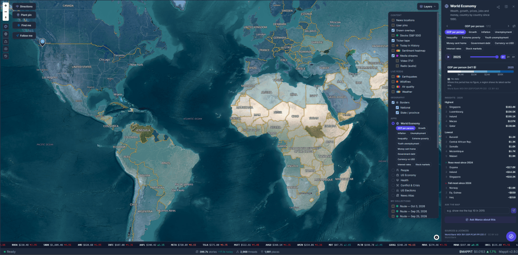 World map displaying economic data, including GDP per capita and various statistics on countries around the globe.